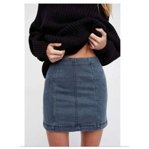 Free People Denim Mini Skirt High Waist Front Zip Washed Grey Size 8